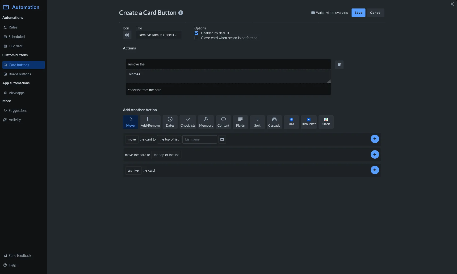 Screenshot of Trello Automation for card button remove checklist