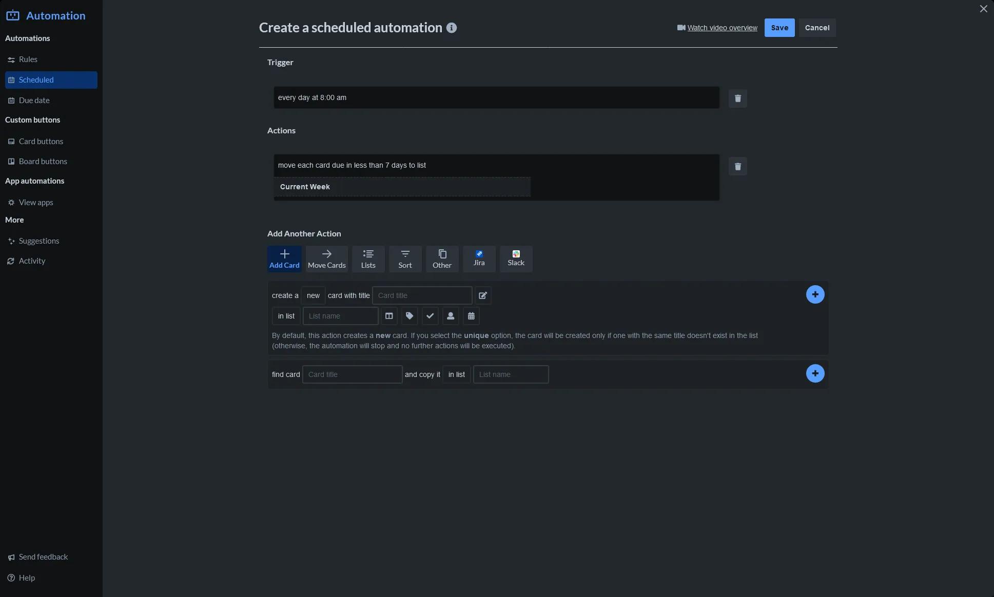 Screenshot of Trello Automation for scheduled current week